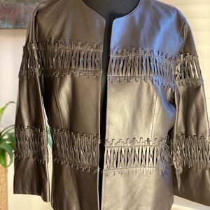 Lafayette 148 New York Dark Brown Leather Jacket with Fringe Accents